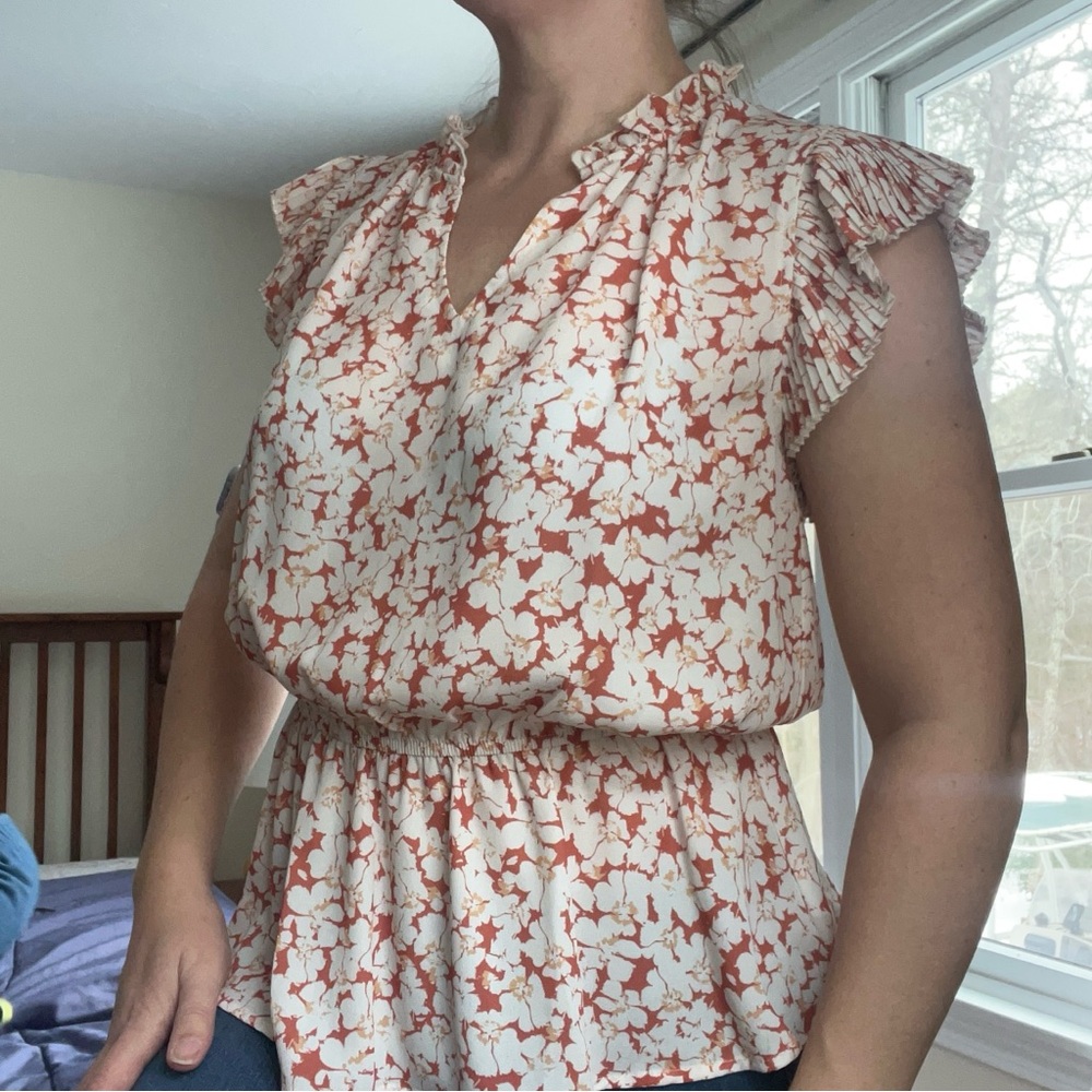 Floral Ruffle Sleeve Blouse - White and Orange
